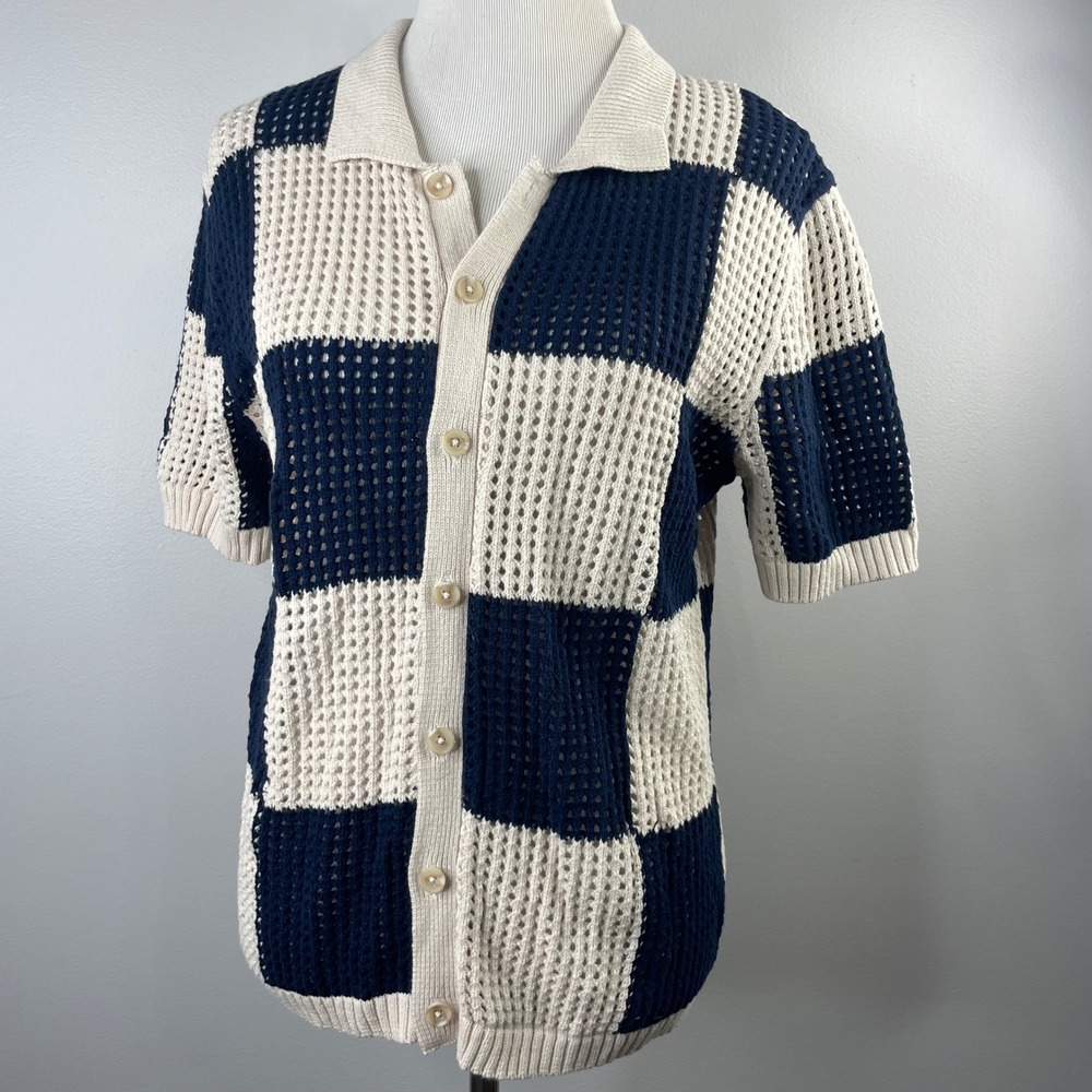 Art of Rhetoric Small Navy Cream Checkered Open Knit Crochet Button Up Shirt